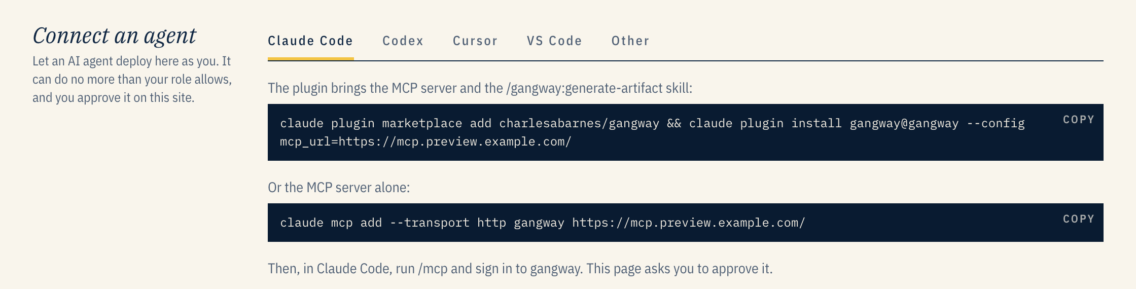 Account → Connect an agent, on the Claude Code tab: the plugin install command and the plain MCP command, each with a Copy button.