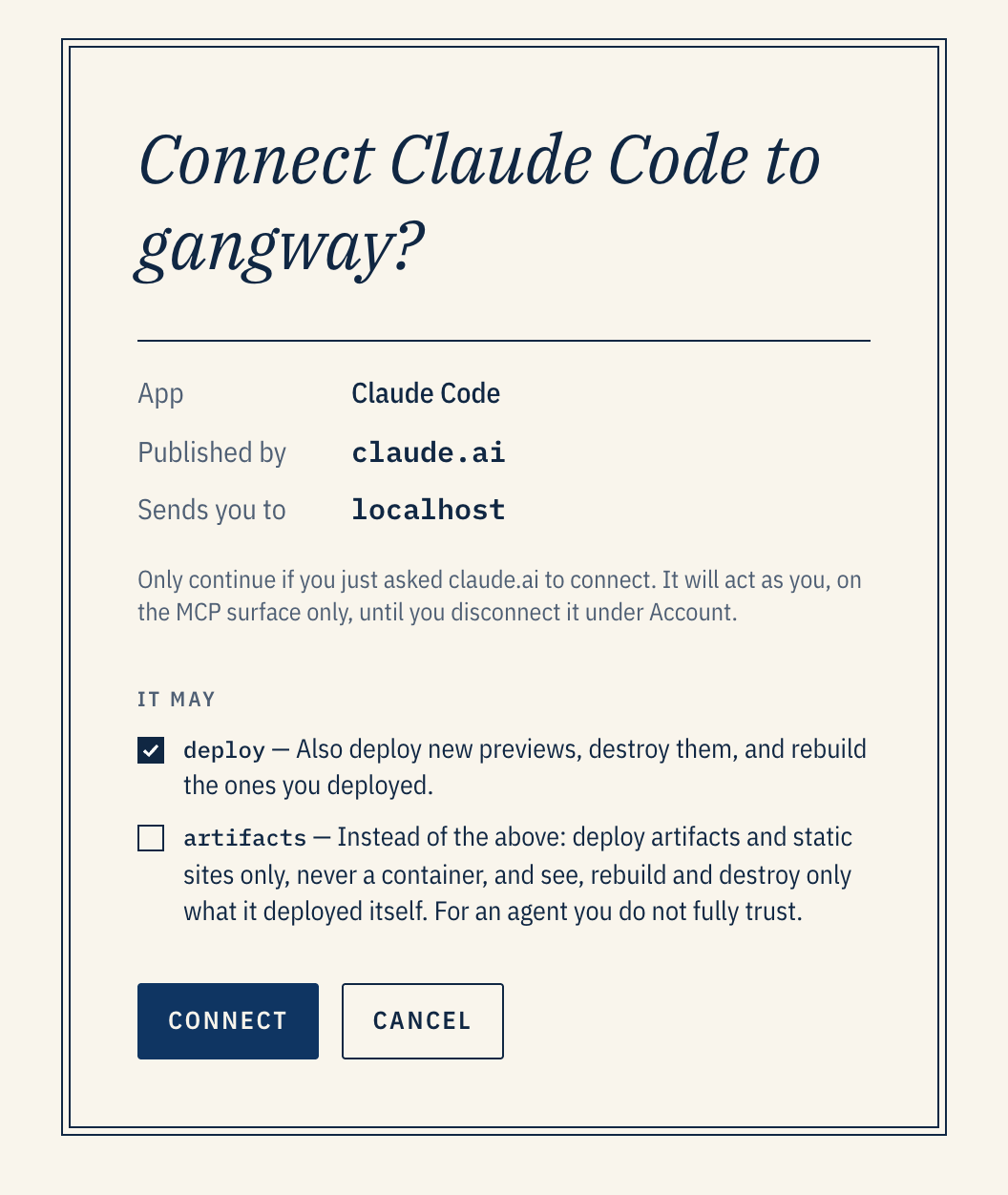 gangway asking: Connect Claude Code to gangway? It lists the app, who published it, where it sends you, and checkboxes for the deploy and artifacts scopes.