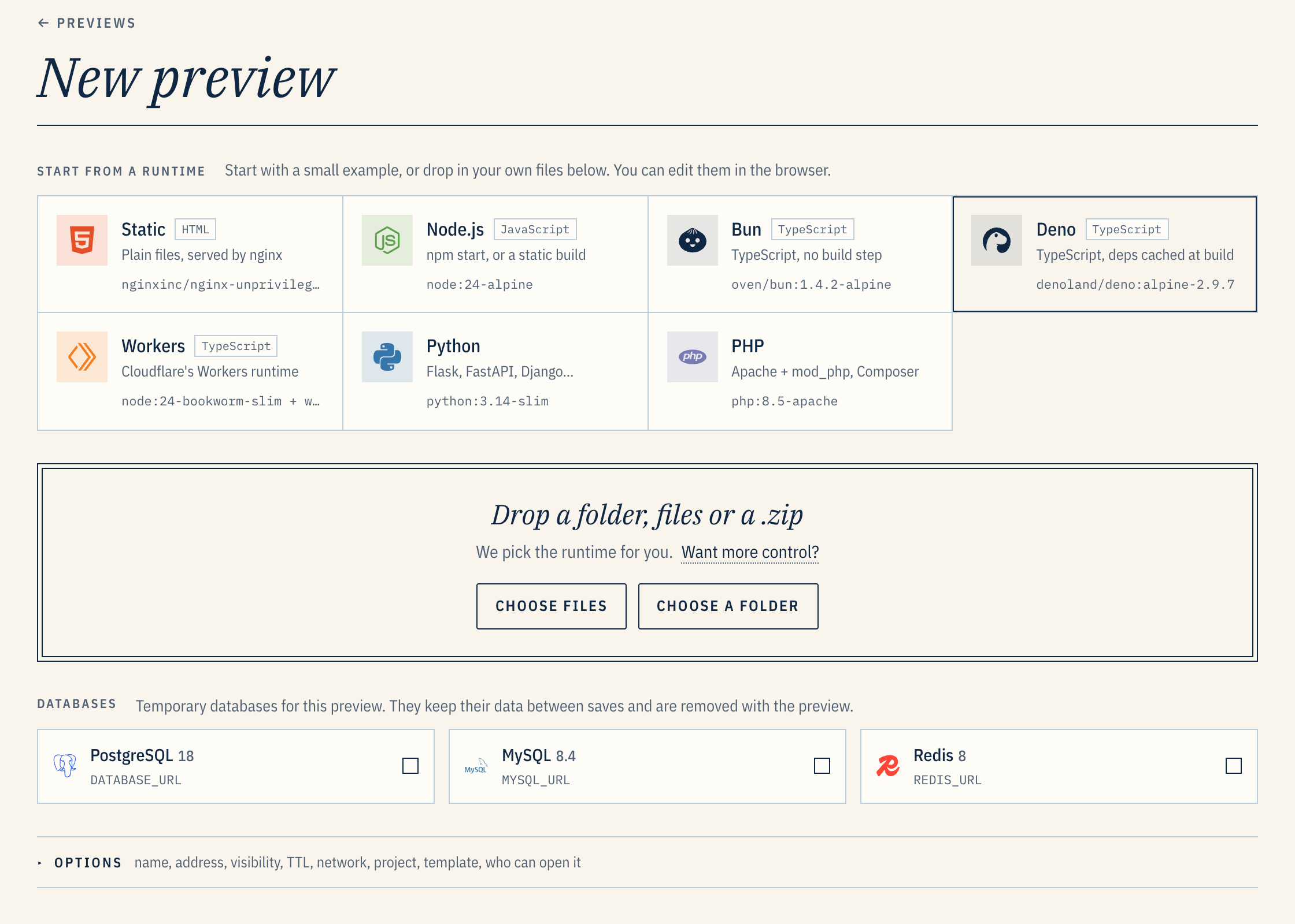 The New preview page: runtime starters, a drop zone for a folder, files or a .zip, and Postgres, MySQL and Redis add-ons.