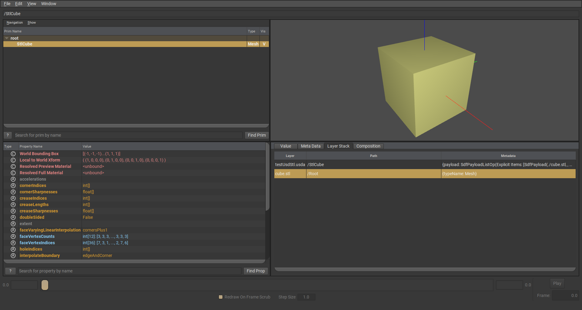 A STL cube in usdview