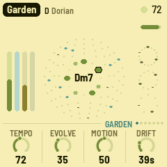 AMB-1 screen on the FM-1, showing the generative garden view