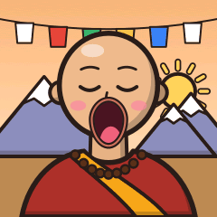 MONK-1 screen showing Jerry the monk singing with his mouth open in front of mountains and prayer flags