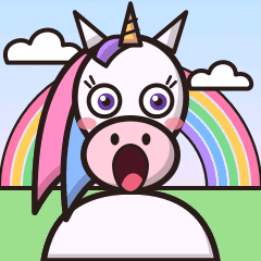 Philip the unicorn singing in front of a rainbow