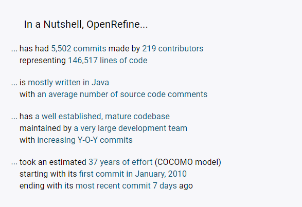 Zusammenfassung über OpenRefine von openhub.net