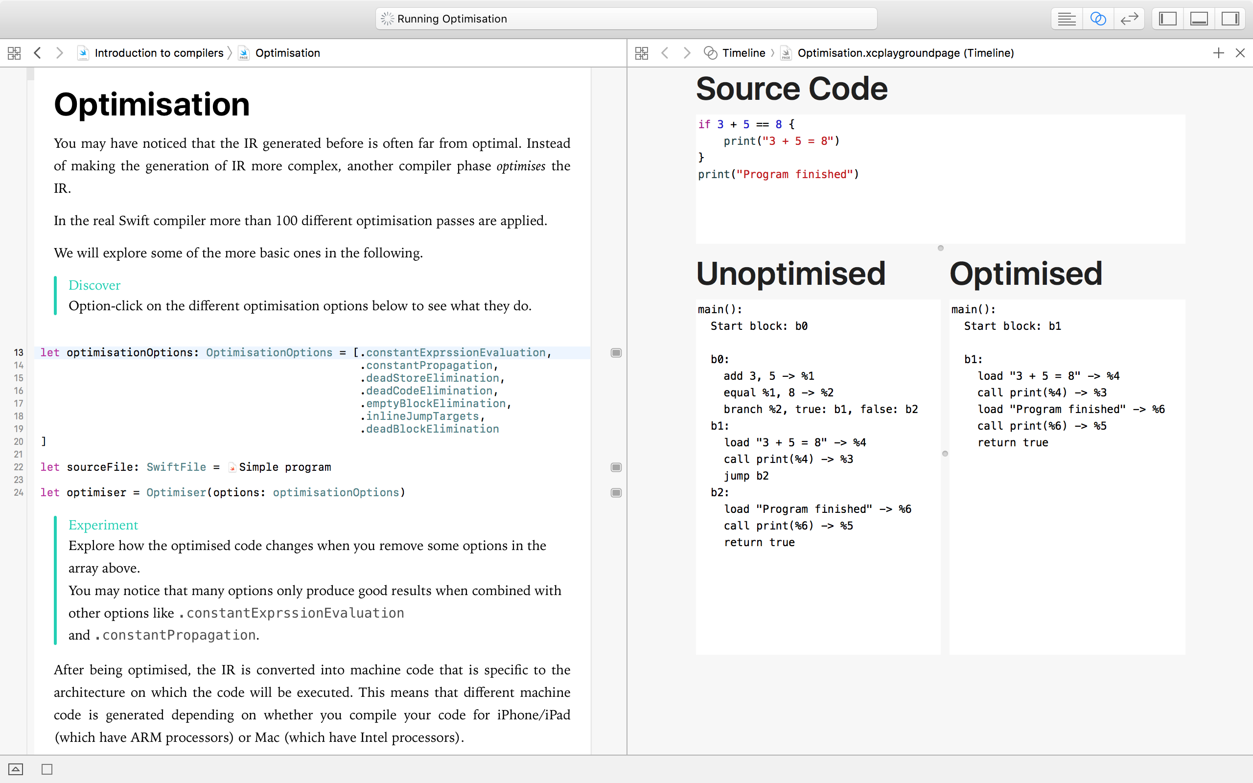 Optimisation page in the playground