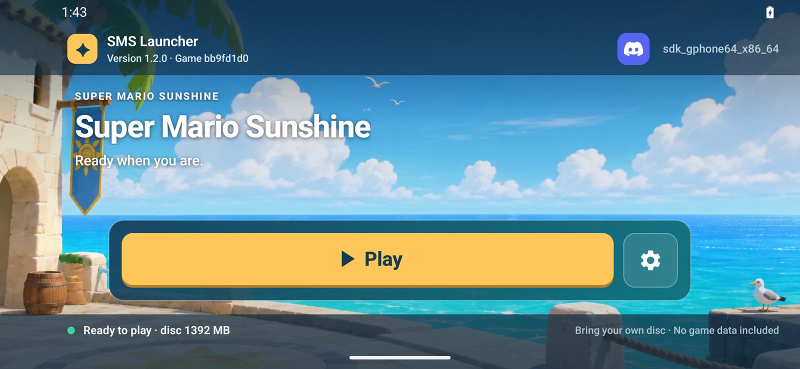 The launcher's main menu: the seaside artwork with Super Mario Sunshine, Ready when you are, a big yellow Play button, a settings button, and a Discord button in the top bar