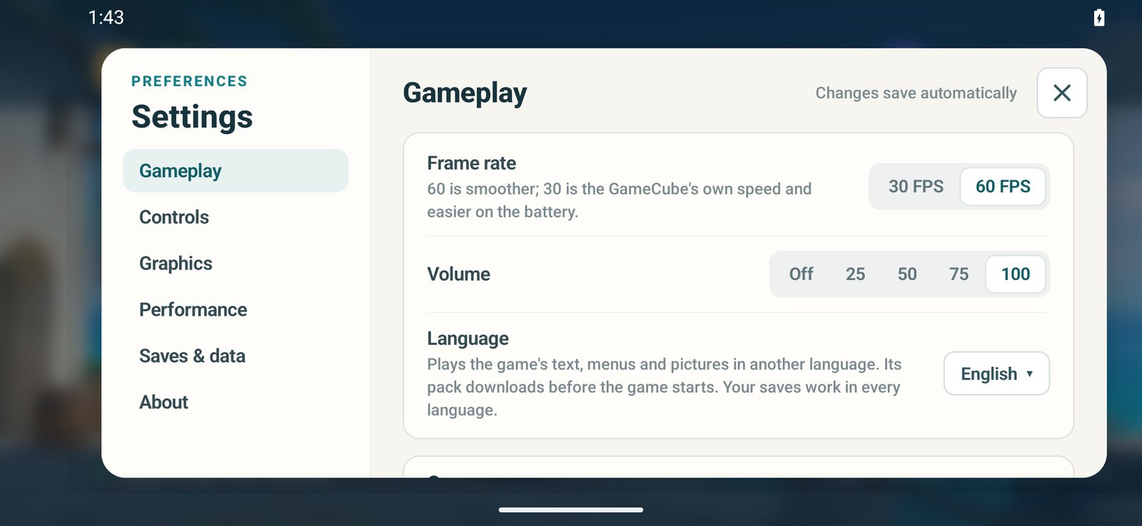 Settings, Gameplay page: frame rate, volume, language and camera inversion, with pages for Controls, Graphics, Performance, Saves and data, and About