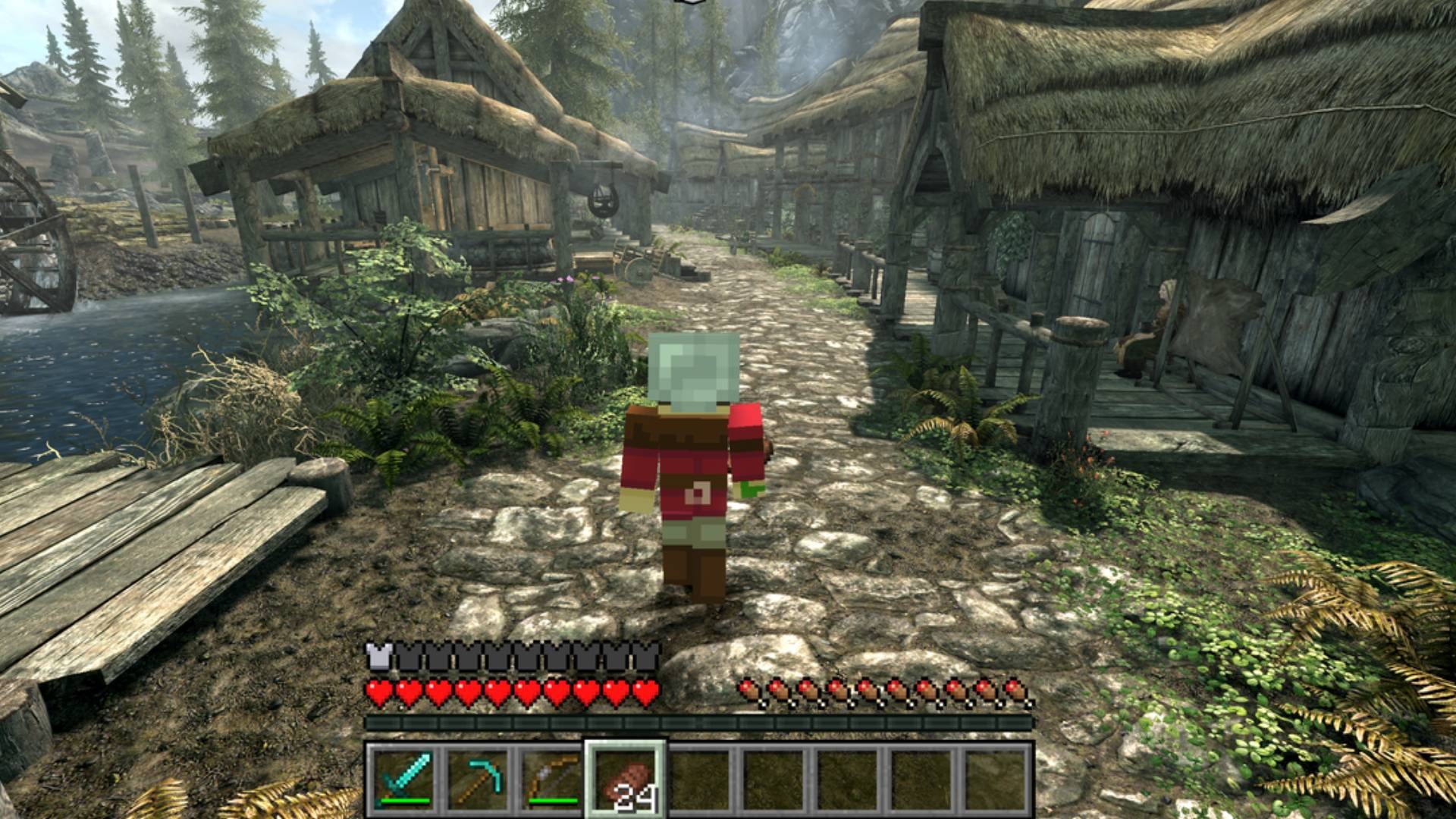 SkyCraft: a Minecraft player walking through Riverwood with the Minecraft HUD