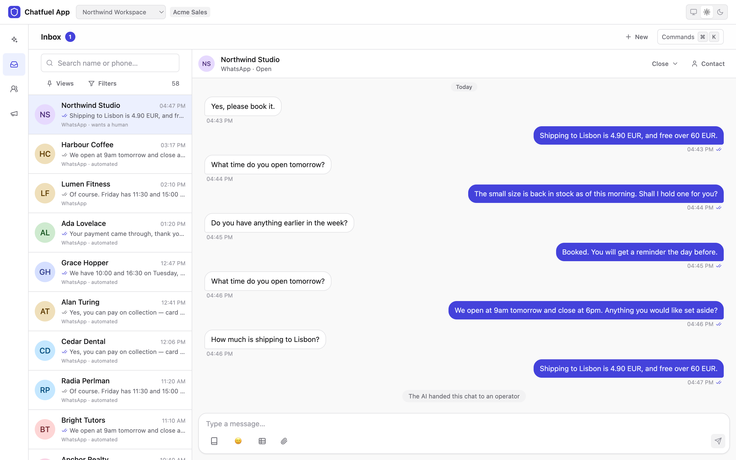 The operator inbox: conversation list, message thread, contact panel