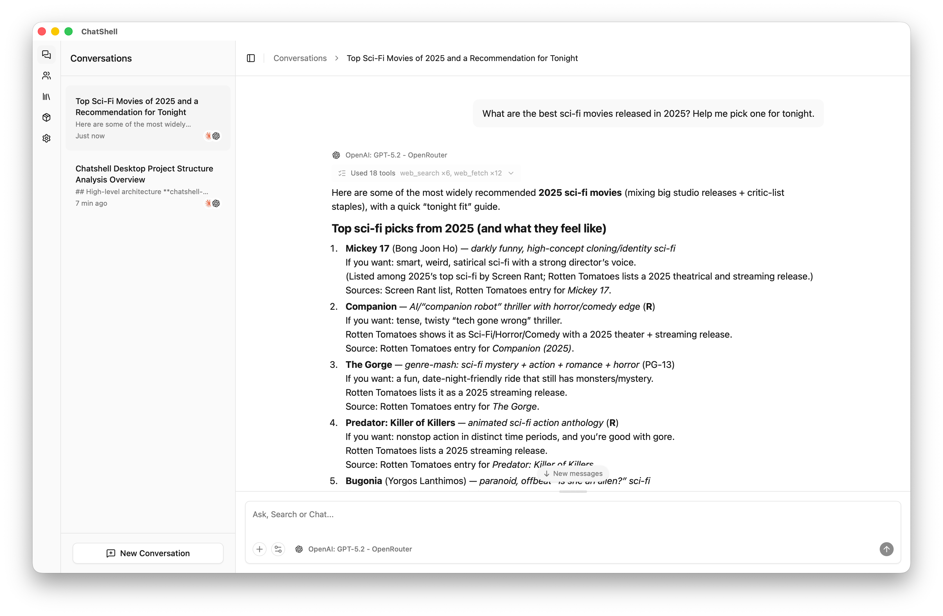 ChatShell — Movie Research with Web Search & Fetch