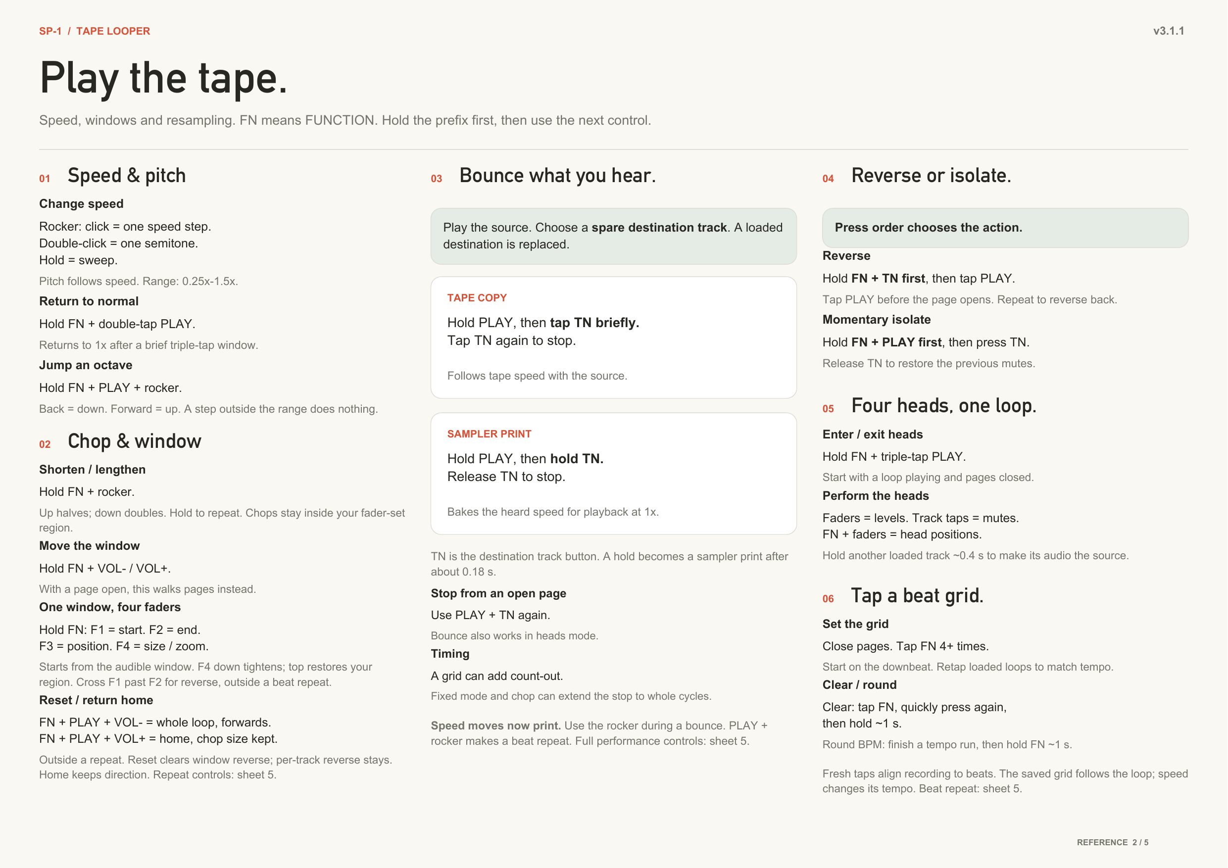 Reference sheet 2 — play the tape