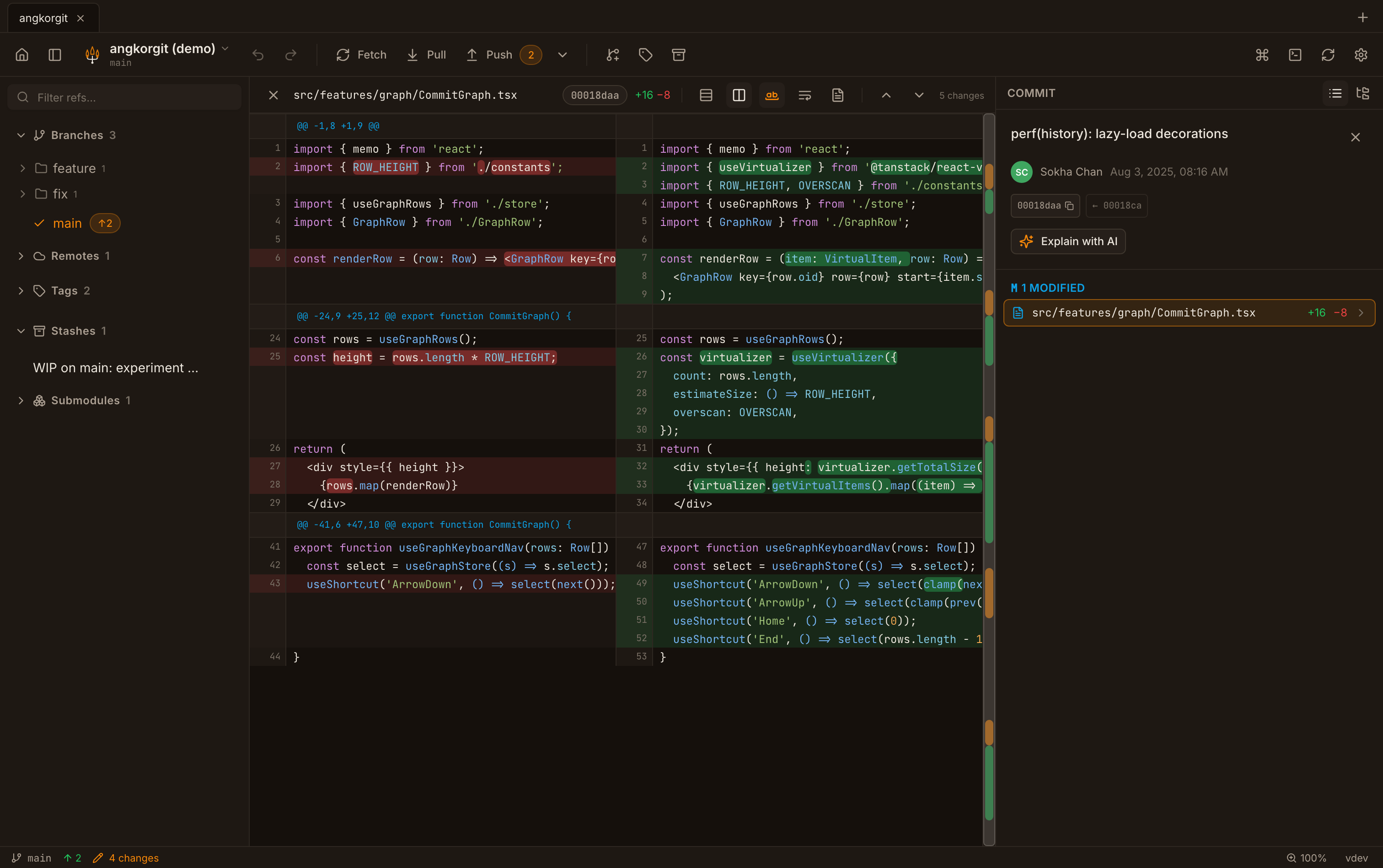 Side-by-side diff with commit details