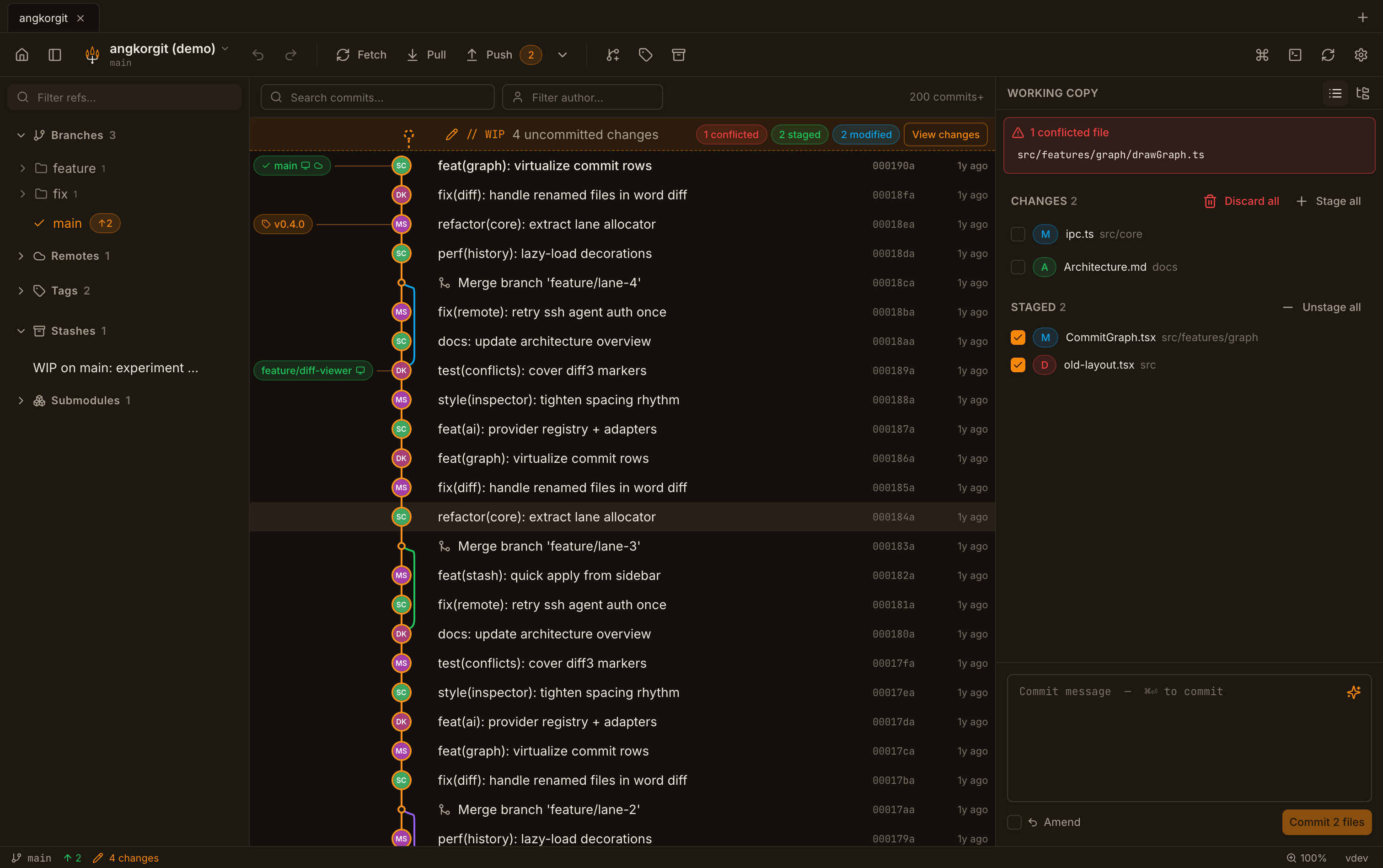 AngKorGit — the commit graph in the Angkor Dusk theme, with branches, working copy, and staged changes
