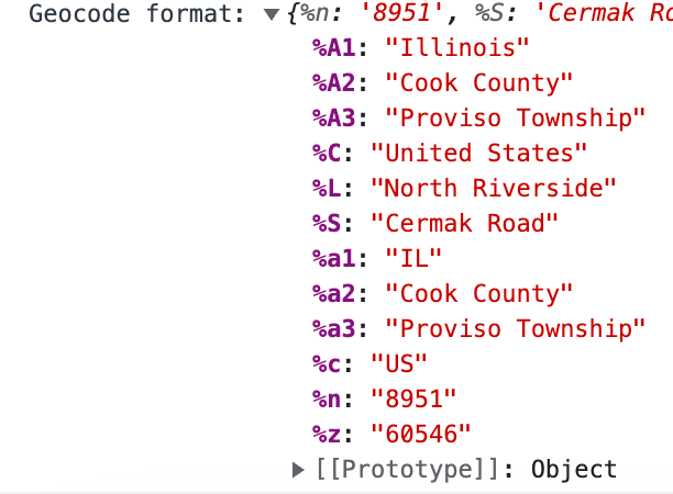 Reverse Geocode format string debug