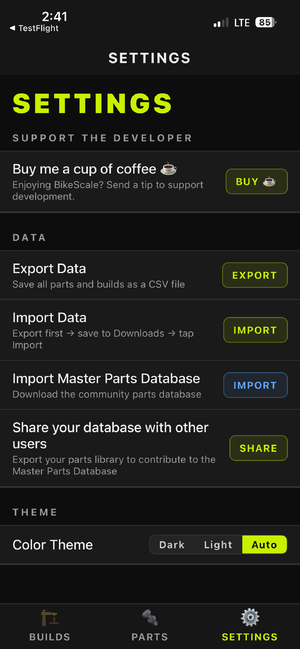 Settings screen with the Support the Developer section and Buy me a cup of coffee button at the top