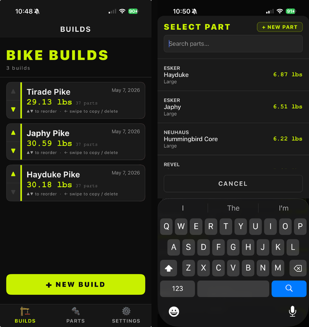 Builds tab listing three bikes, next to the guided Select Part screen