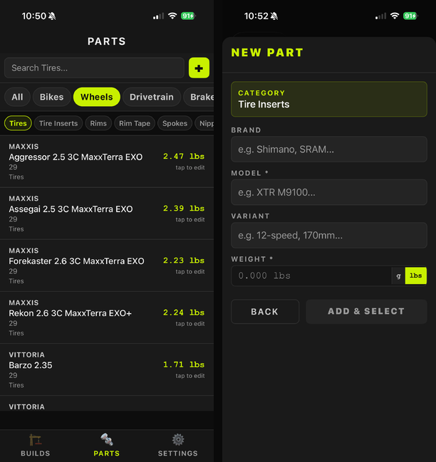 Parts tab filtered to Wheels and Tires, next to the New Part form