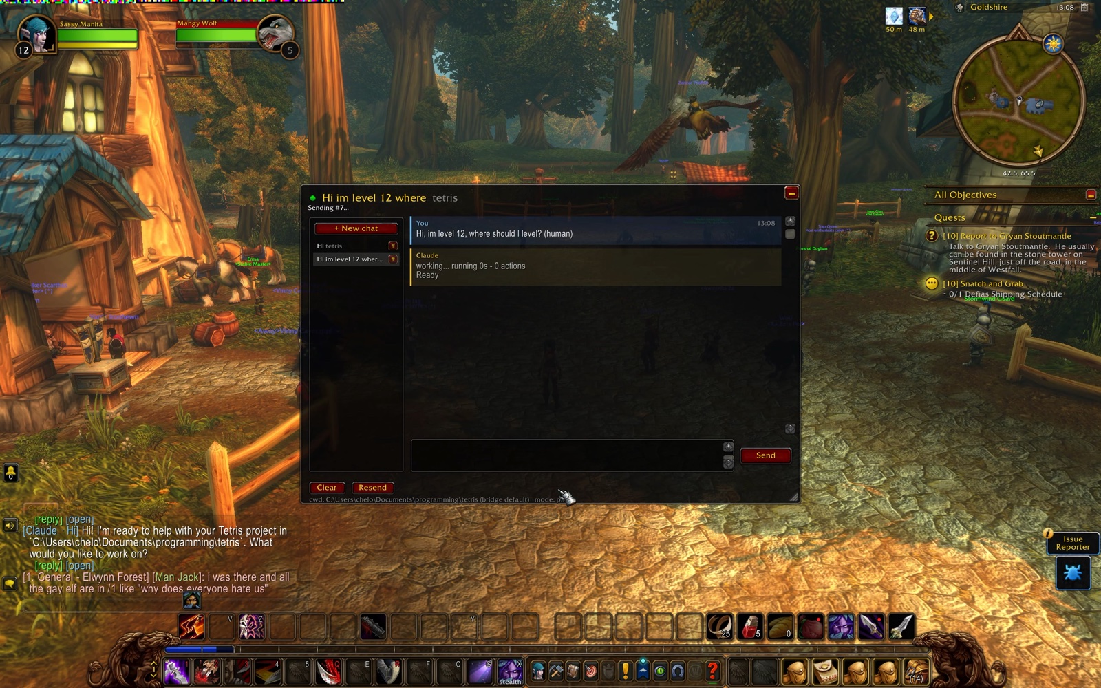 The WoW AI chat window open in Goldshire, with a message on its way to a coding agent