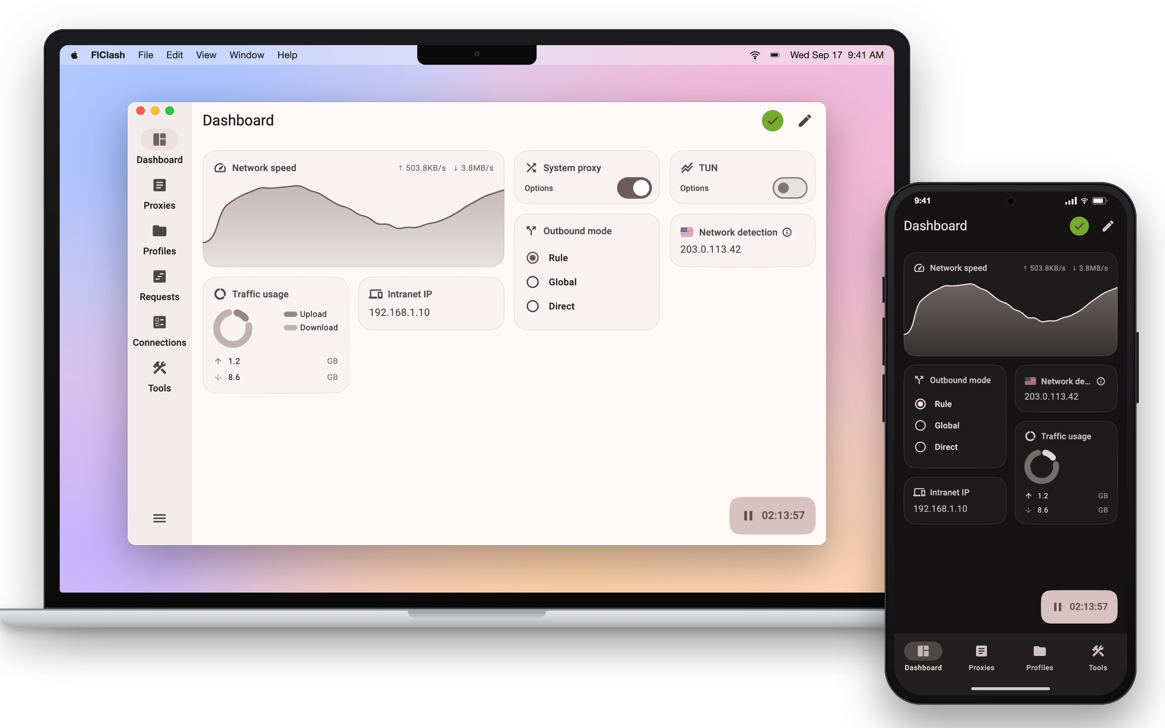 FlClash dashboard on a laptop and a phone