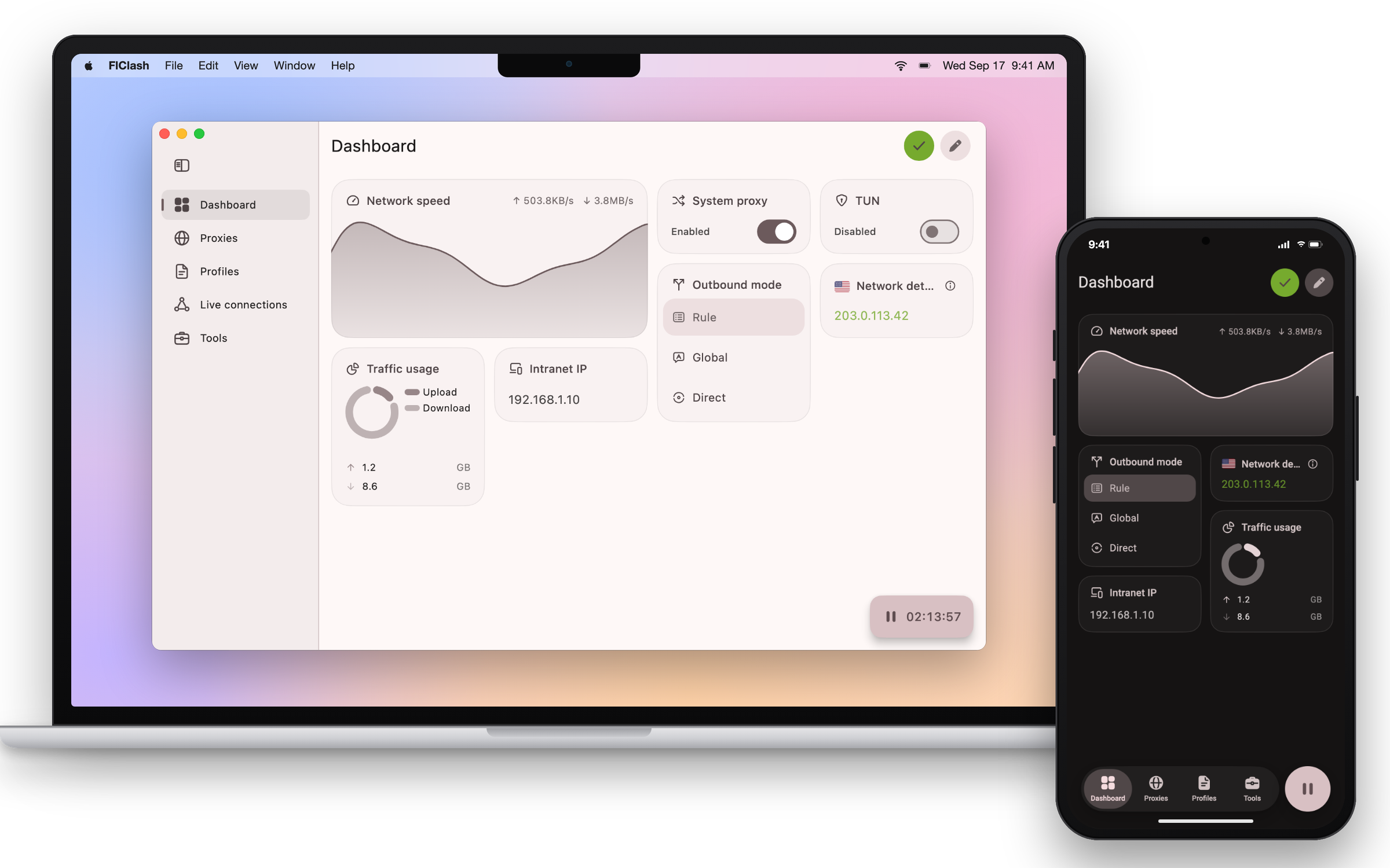 FlClash dashboard on a MacBook and a phone
