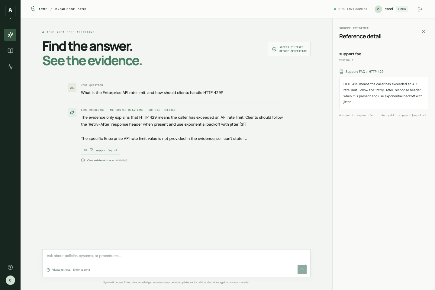 Chat interface with an authorized source preview in the Enterprise RAG Assistant demo.