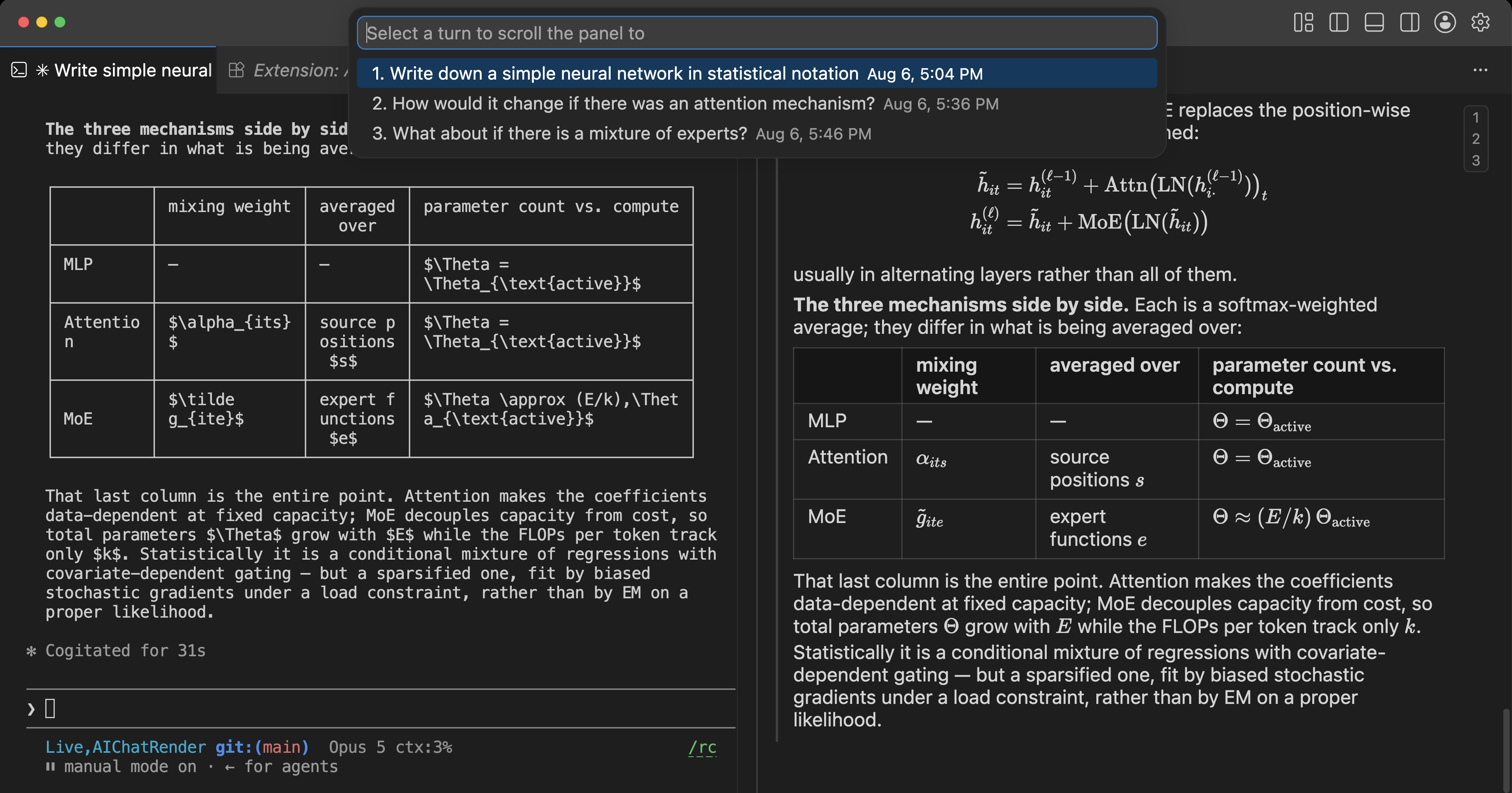 Browse Turns and Pick listing the chat's user prompts, oldest first, with the panel behind it showing a rendered Markdown table.