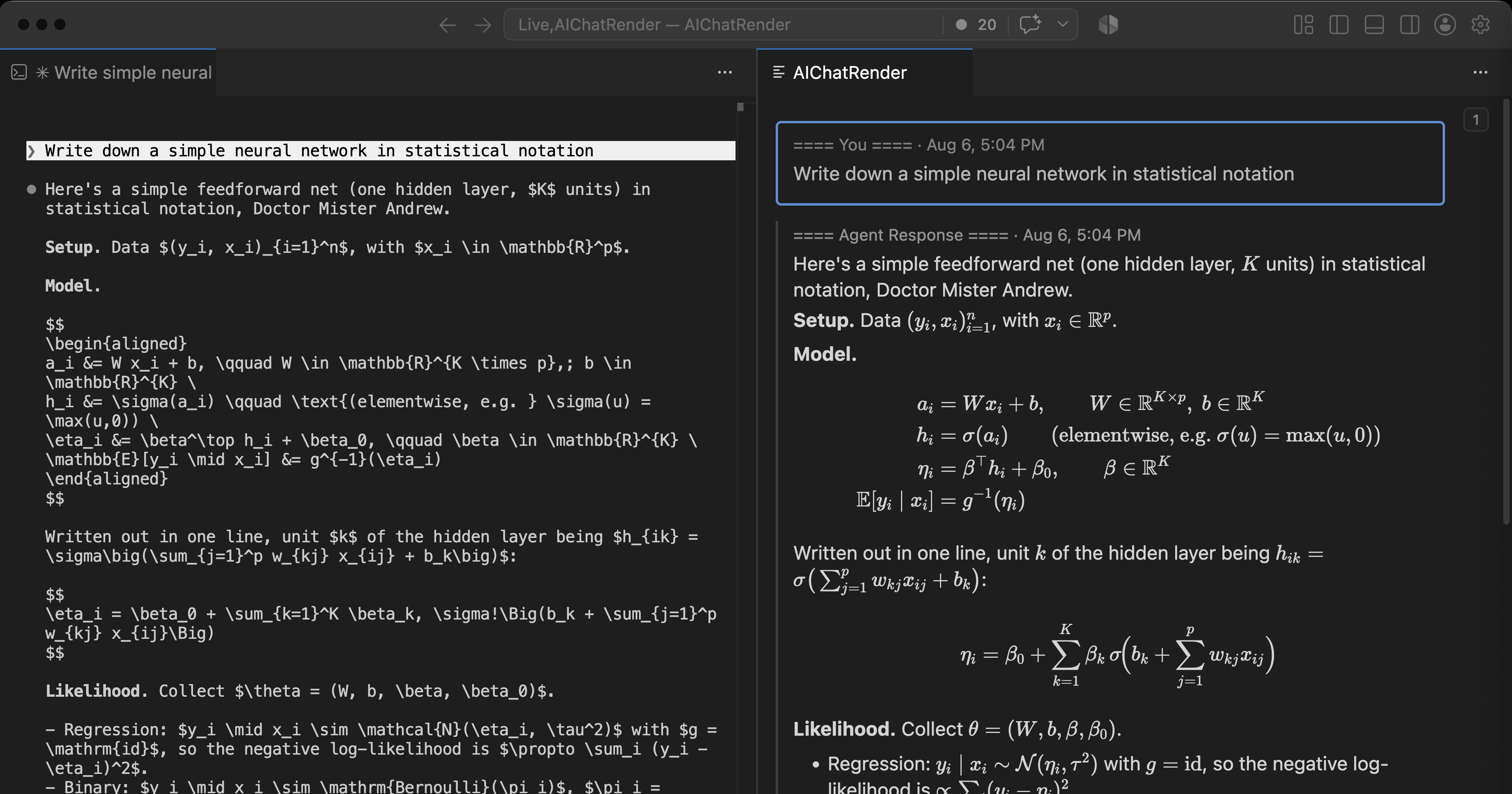 Claude Code on the left showing raw LaTeX source; the AIChatRender panel on the right showing the same answer typeset.