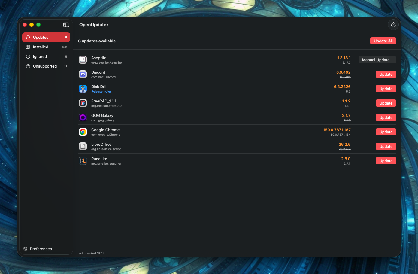 OpenUpdater showing available updates