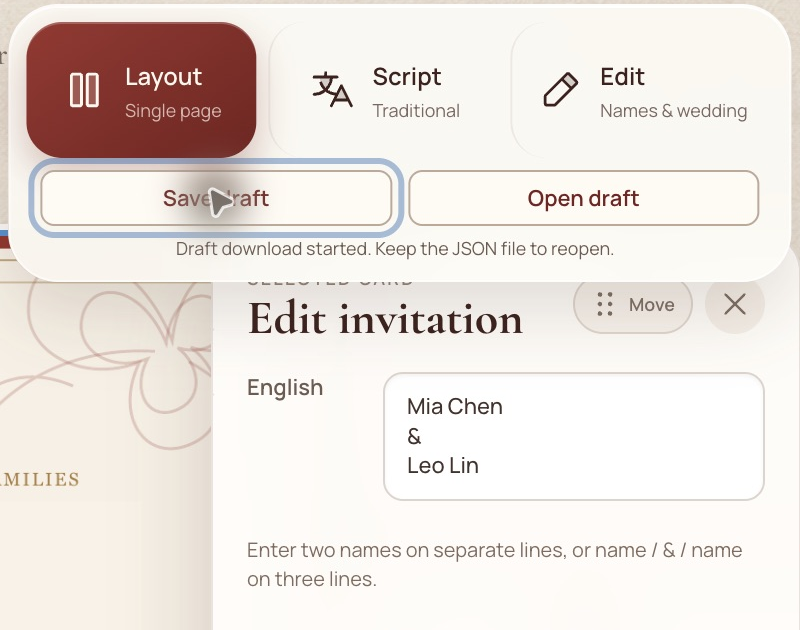 v4 Save draft controls and the fictional original names Mia Chen and Leo Lin
