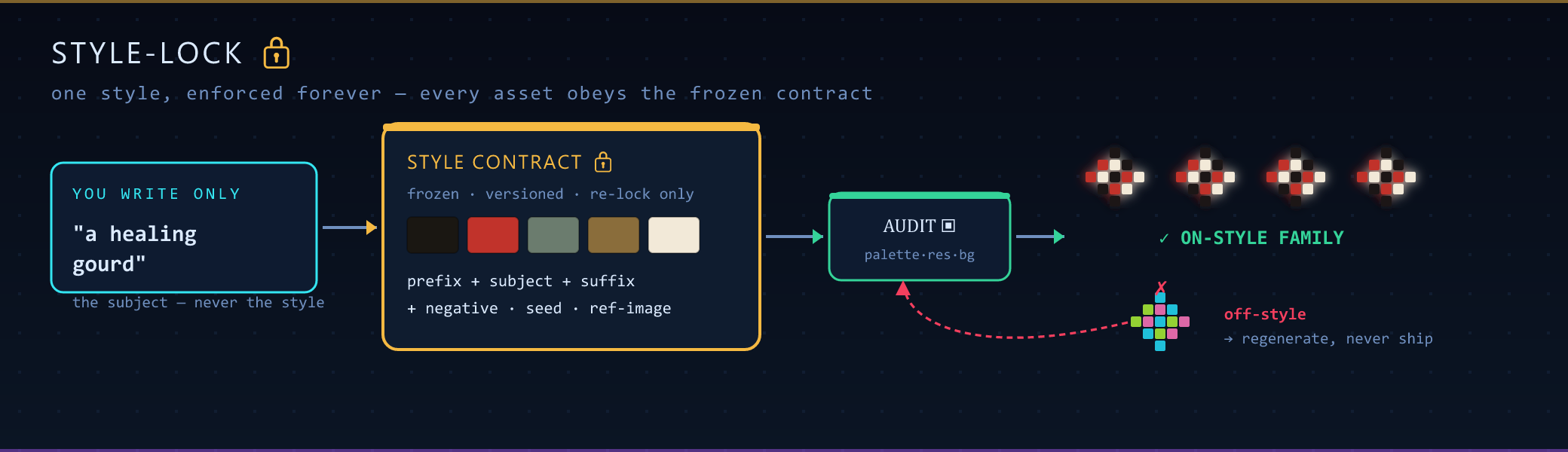 How style-lock works: subject + frozen contract → audit gate → on-style family; off-style is regenerated