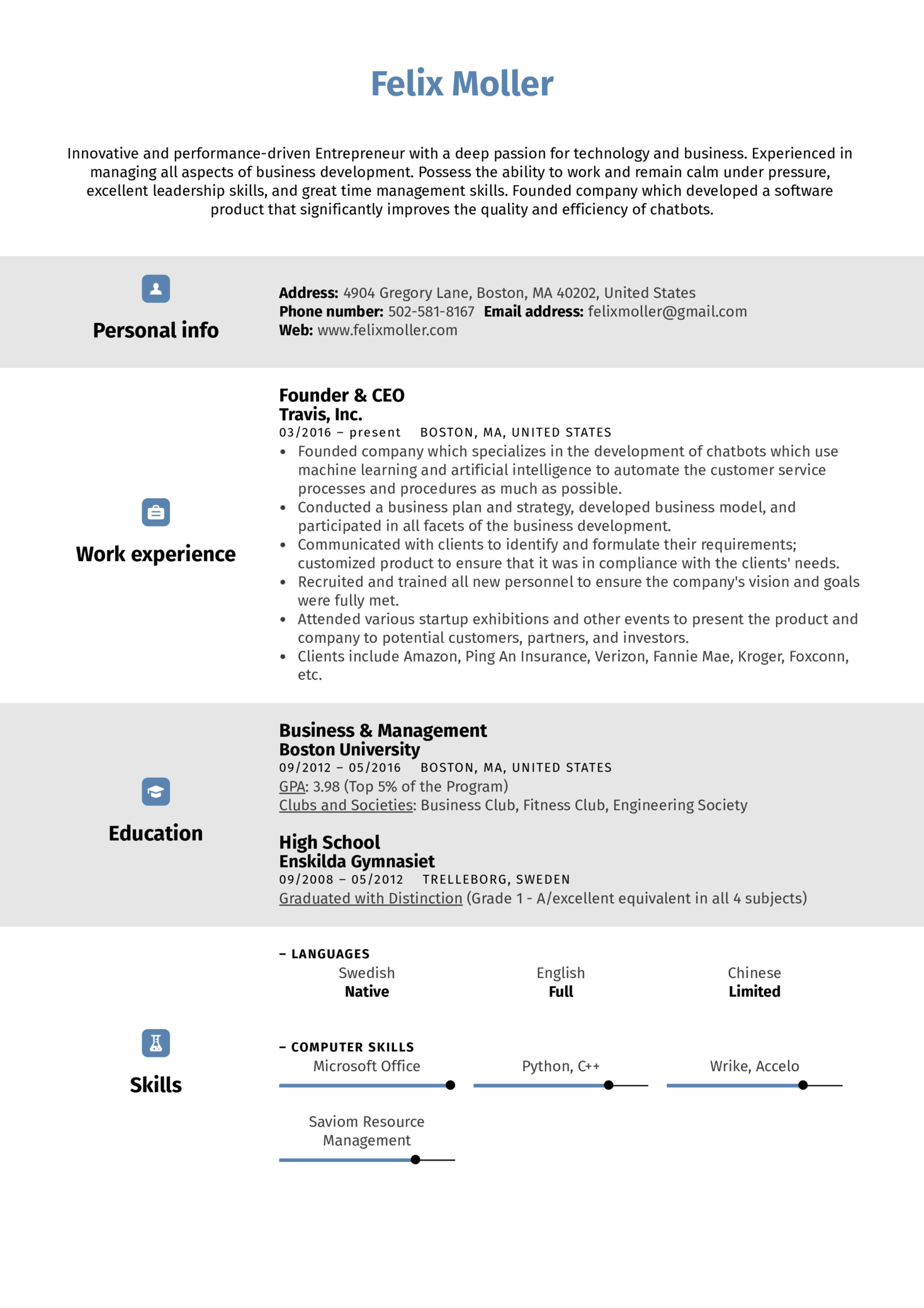 Entrepreneur Resume Sample