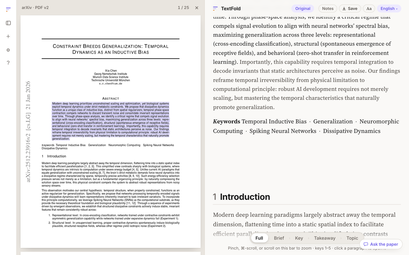 The paper's own PDF beside its text, the paragraph you read marked on its page