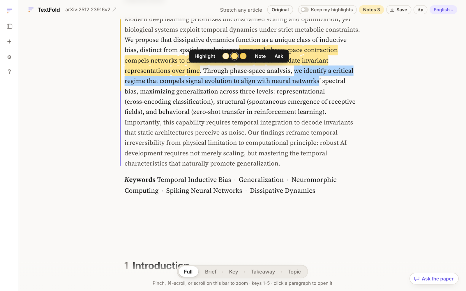 A selected passage with the bar to highlight it, write a note or ask about it