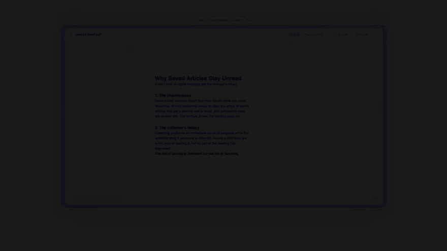 ThoughtDAG hero demo: asking from a PDF passage, editing model context by removing an edge, zooming out into a thought map, exporting a backup, and turning scattered agent sessions into persistent project context with Session Atlas