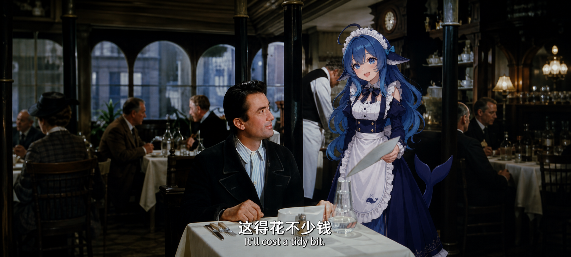 DSH Cost Guard — a diner discovers the cost while a blue-haired whale-maid presents the bill