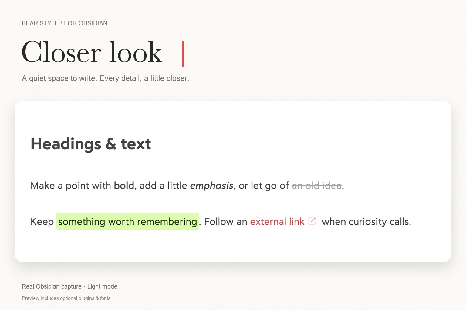 Closer look — enlarged real Obsidian typography, green highlight, and external-link icon.