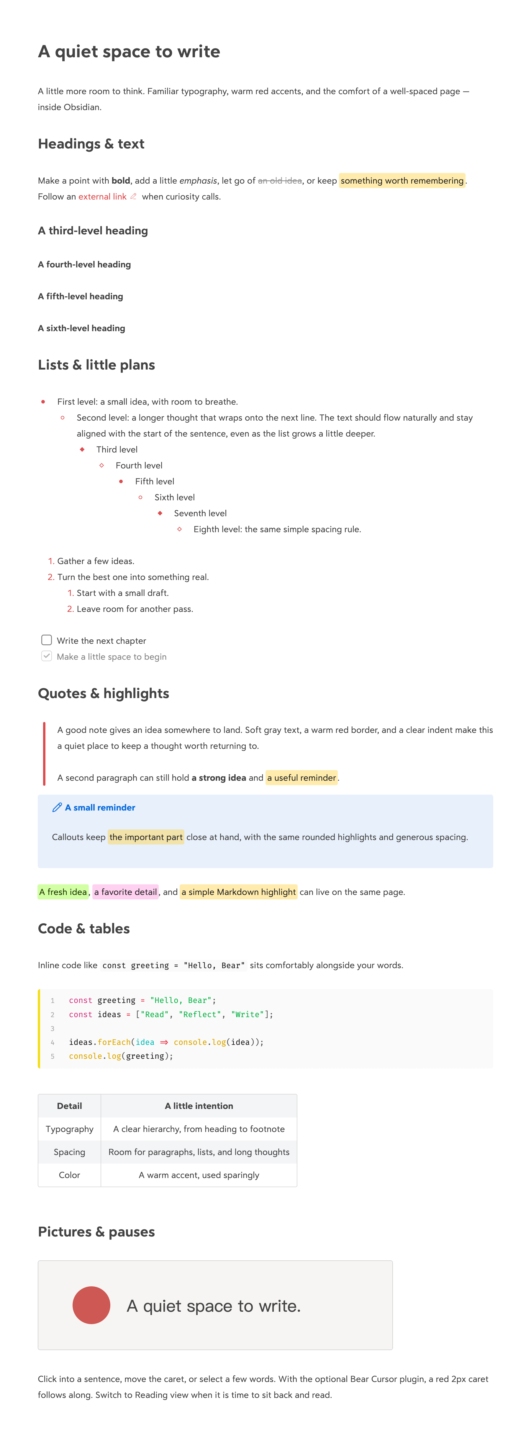 Full English demo in Obsidian: headings, text, lists, tasks, quotes, highlights, code, table, and image