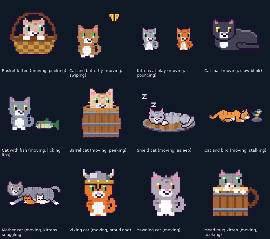 Twelve more animated pixel cats