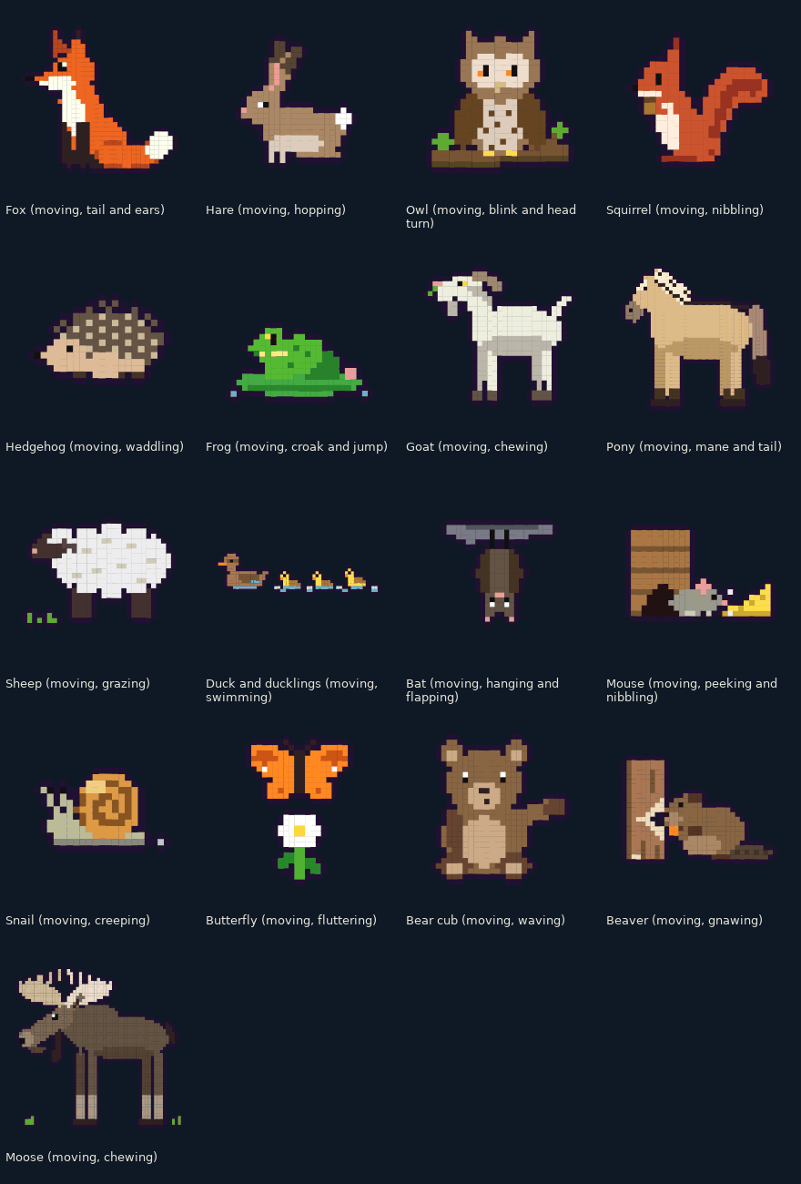 Seventeen animated forest and farm animals