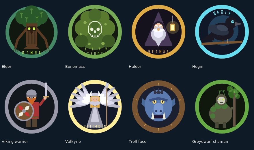 Glyph-art emblems of Valheim's characters and bosses