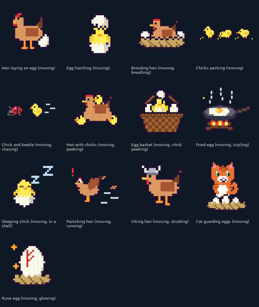Animated hens, chicks and eggs