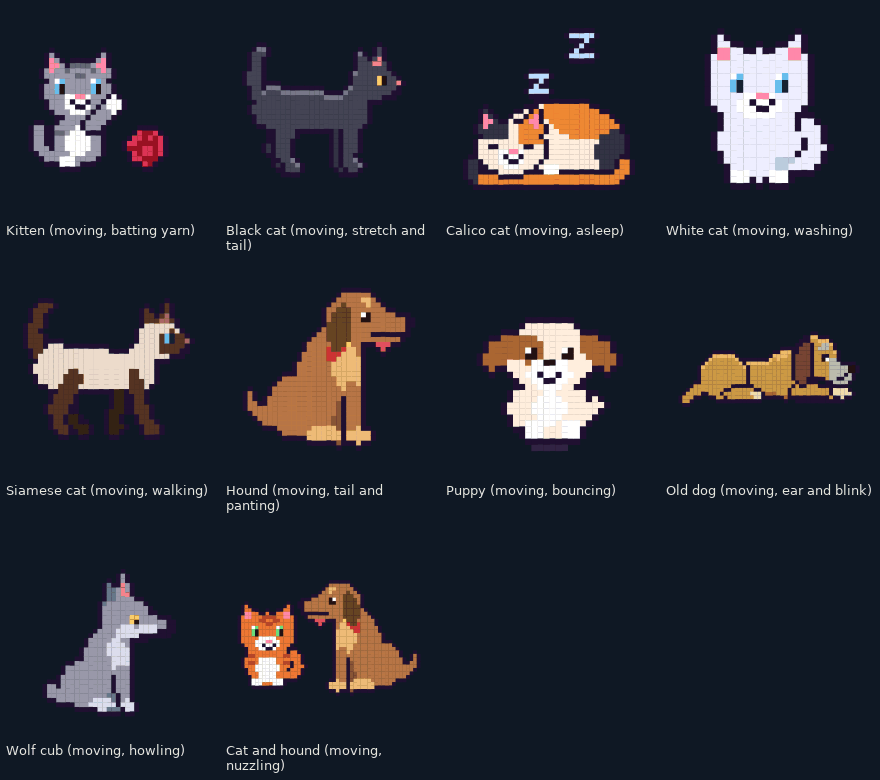 Animated pixel pets: cats, dogs and a wolf cub