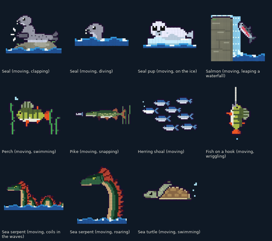 Animated seals, fish, sea serpents and a sea turtle