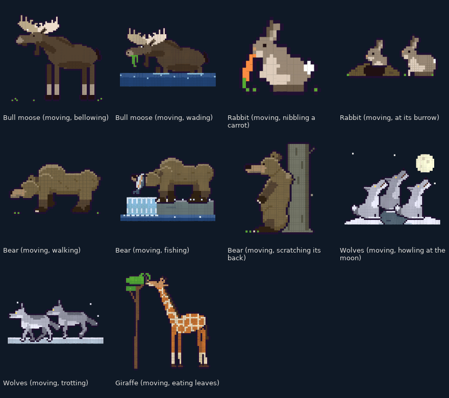 Animated wild animals: moose, rabbits, bears, wolves and a giraffe