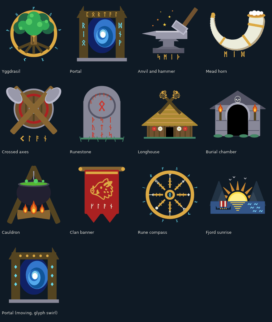 Glyph-art pieces of Valheim's world