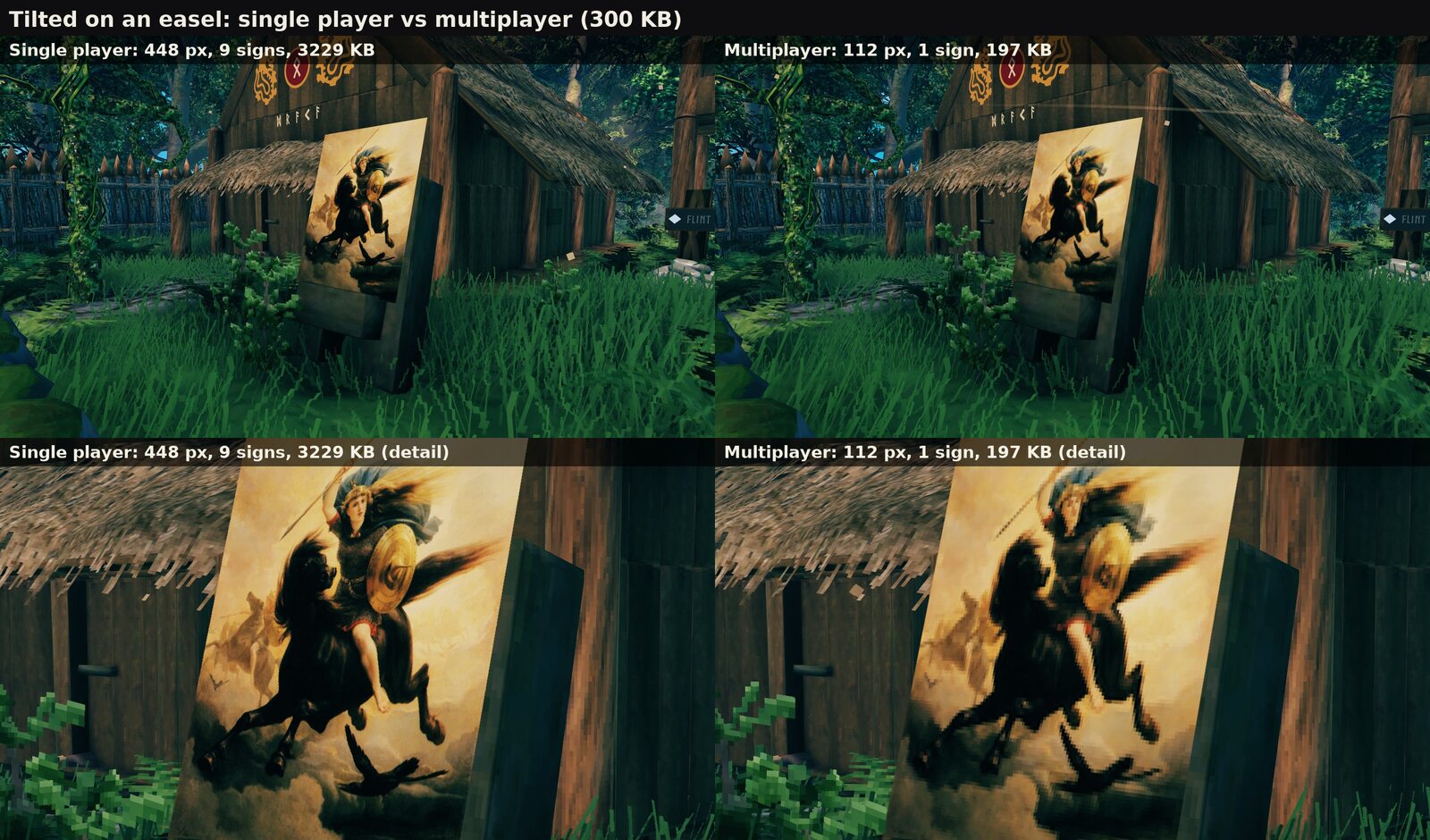 A Valkyrie painting tilted on an easel: 448 px on 9 signs against 112 px on 1 sign