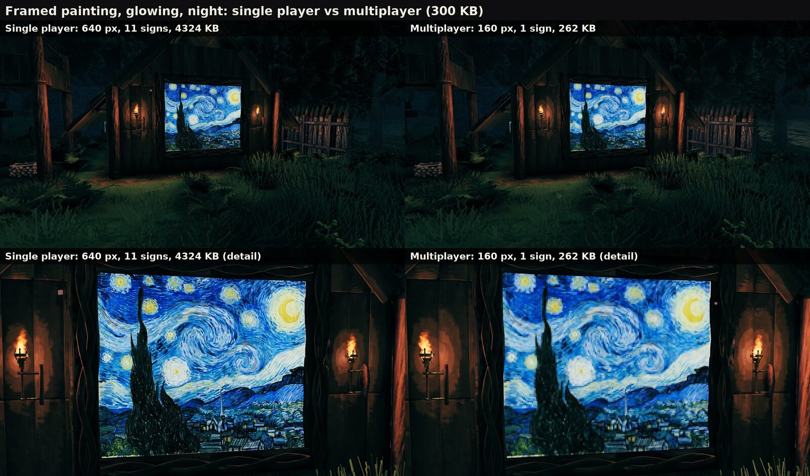 The Starry Night in a frame at night: 640 px on 11 signs (4324 KB) on the left, 160 px on 1 sign (262 KB) on the right