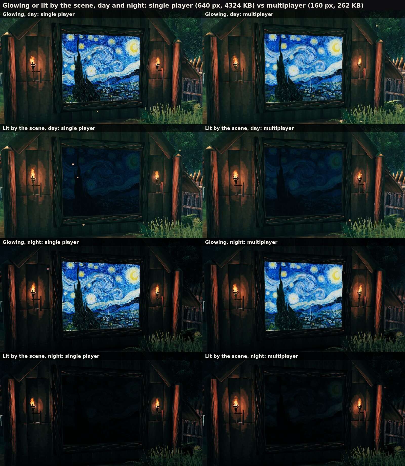 The framed painting glowing and lit by the scene, by day and by night, single player against multiplayer