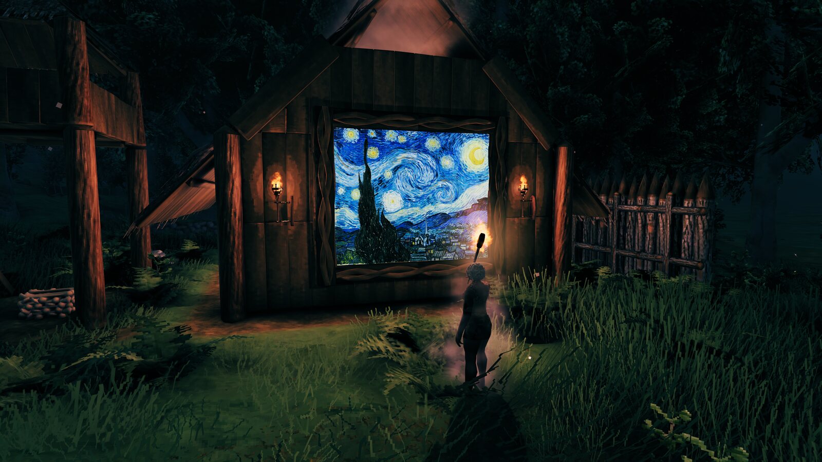 The Starry Night in a wooden frame on a Valheim house at night