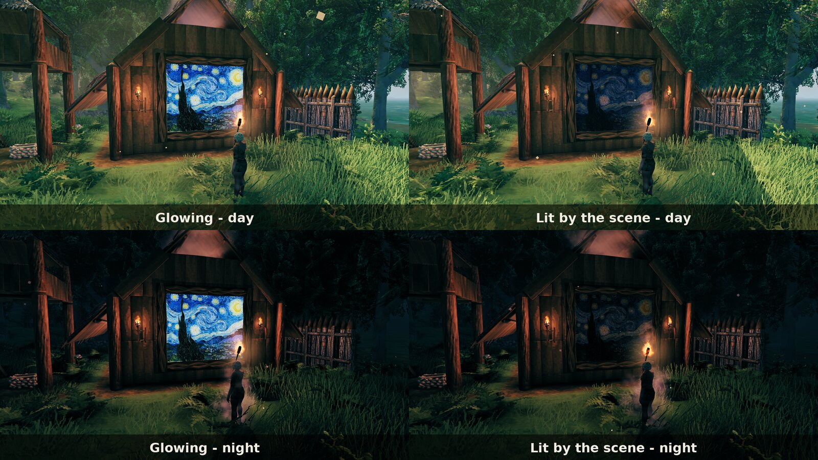 The same picture glowing and lit by the scene, by day and by night